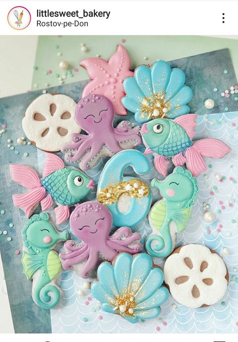 Sea Birthday Party Decorations, Mermaid Cookies, Beach Cookies, Mermaid Theme Birthday Party, Iced Sugar Cookies, Sea Birthday Party, Summer Cookies, Mermaid Theme Birthday, Mermaid Cakes