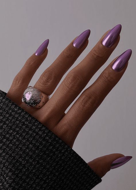 Darker Purple Nails, September Nail Ideas Purple, Purple Dipping Powder Nails, Dark Color Chrome Nails, Purple Nails Brown Skin, Purple Nails With Black Tips, Purple Chrome Halloween Nails, Purple Nails Dip Powder, Eggplant Nails Designs