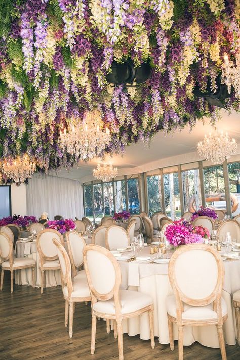 purple wedding reception decor / http://www.himisspuff.com/wedding-flower-decor-ideas/10/ Lupine Wedding Decor, Lupine Wedding, Flowers Hanging From Ceiling, Wedding Flowers Hanging, Hanging Flowers Wedding, Hanging From Ceiling, Flower Ceiling, Rustic Wedding Decorations, Flowers Hanging