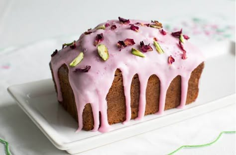 Rosewater drizzle cake is light and elegant, but very simple to make and topped with pretty icing, pistachios and edible rose petals Rose Loaf Cake, Mini Loaf Cakes, Edible Rose Petals, Drizzle Cake, Loaf Cakes, Mini Loaf, Loaf Cake, Edible Flowers, Food Cakes