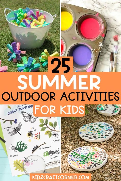 Get ready for these fun summer outdoor activities for kids! Over 25 fun-filled outdoor activities. This includes everything from backyard ideas, nature crafts, water play, and other easy at-home activities for kids! Outdoor Activities For Preschoolers, Outdoor Summer Activities For Kids, Preschool Outdoor Activities, Outside Activities For Kids, Summer Crafts For Toddlers, Snowflake Crafts, Outdoor Summer Activities, Fun Summer Crafts, Backyard Activities