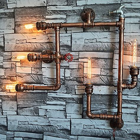 Brass Wall Mount Light, Bare Bulb Lighting, Pipe Wall Lamp, Lamp Amazon, Iron Rust, Iron Water, Loft Industrial, Bar Vintage, Vintage Wall Sconces