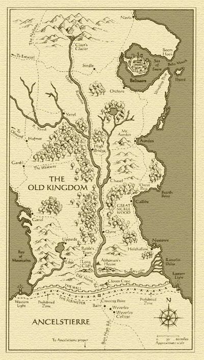 Map of The Old Kingdom and the border line to Ancelstierre -- Th Abhorsen Trilogy by Garth Nix Book Maps, Map Inspiration, Kingdom Map, Book Embroidery, Old Kingdom, The Bloodline, Fantasy Map Making, Magic Drawing, Dnd World Map