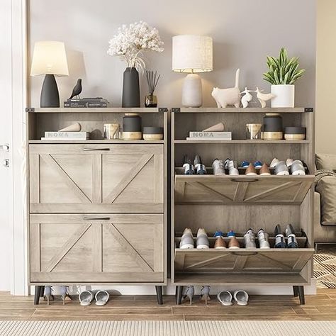 Amazon.com: Halitaa Shoe Cabinet with 2 Flip Drawers,Shoe Storage Cabinet for Entryway,Freestanding Shoe Cabinet Organizer with Open Storage,Narrow Farmhouse Shoe Rack with Legs,Grey : Home & Kitchen Narrow Farmhouse, Farmhouse Shoe Rack, Slim Shoe Cabinet, Shoe Cabinet Entryway, Shoe Organizers, Shoe Rack Entryway, Entryway Shoe Storage, Shoe Storage Rack, Entryway Shoe