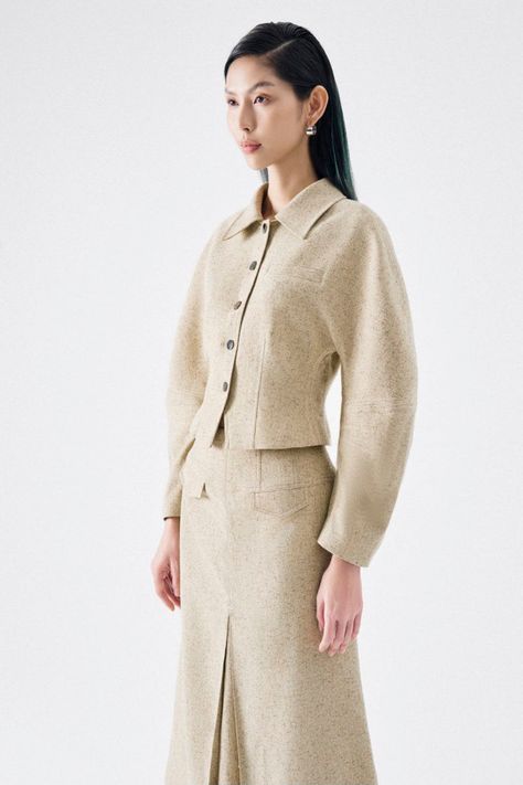 Sophia Fit and Flare Bouffant Sleeved Wool Blend Jacket | MEAN BLVD Skirt Jacket Set, Structured Jacket, Mean Blvd, 2025 Fashion, Wool Blend Jacket, Tailored Design, Short Coat, First Lady, Dress Pattern