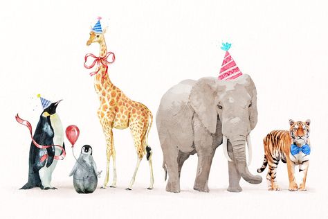 Wildlife animal illustration psd set with birthday party hats | premium image by rawpixel.com / Busbus Animal Party Hats, Jungle Animals Party, Jungle Thema, Watercolor Party, Animal Theme Birthday, Giraffe Illustration, Birthday Party Images, Animals Party, Animal Party Theme