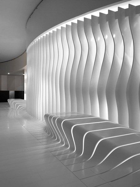 Corian Super-Surfaces Showroom by Amanda Levete Architects | Dezeen Office Futuristic, Amanda Levete, World Architecture Festival, Parametric Architecture, Futuristic Furniture, Futuristic Interior, Parametric Design, Futuristic Design, Futurism