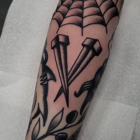 Web Elbow Tattoo Traditional, American Traditional Nail Tattoo, Traditional Style Elbow Tattoo, Coffin Nail Tattoo, Small Elbow Tattoo, Cheers Tattoo, Traditional Tattoo Man, Coffin Tattoo, Getting Tattooed