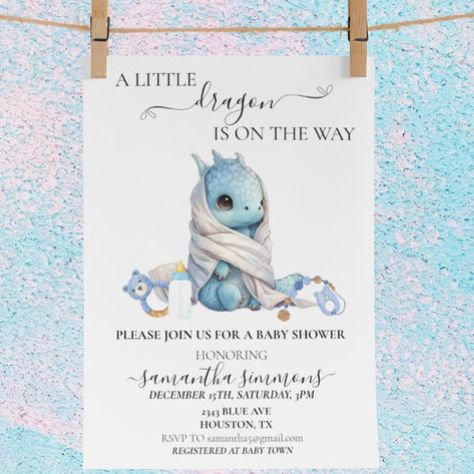 A Little Dragon is on the Way Baby Shower #babyshower #invitation #bearbabyshowerinvite #dragon #blue #dragonbabyshower #dragonbabyshowerinvitation #bluedragonbabyshower #boybabyshower #boy Nursery Ideas Dragon, Baby Dragon Nursery, Baby Girl Dragon Nursery, Dragon Baby Shower Invitations, Dragon Baby Shower, Dragon Nursery, Blue Baby Shower Invitations, Baby Shower Favors Girl, Baby Shower Supplies