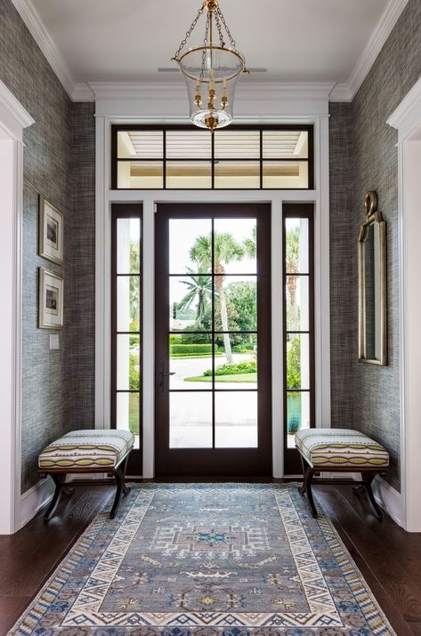 Natural light illuminates the soft muted tones of @phillipjeffriesltd Driftwood wallcovering in this entryway designed by @gilwalshinteriors! Photo: @sargentphoto Wallpapered Entry, Baths Interior, Phillip Jeffries, Twilight Blue, Hallway Design, Natural Paper, Foyer Design, Entry Way Design, Hall Design