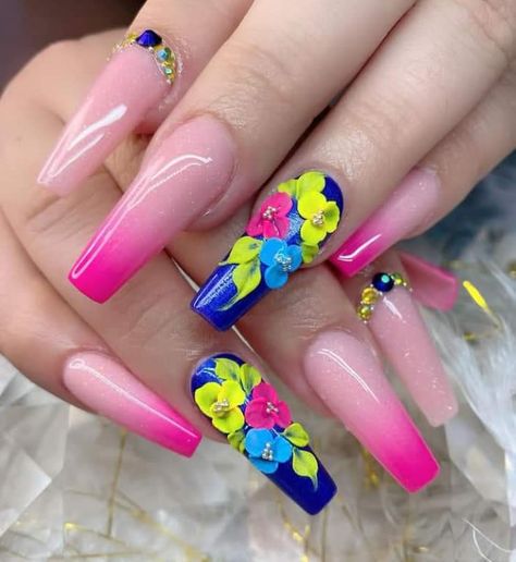 Fiesta Nails, Colorful 3d Flowers Nails, 3d Flower Nails Acrylics Glitter, Acrylic Nails With 3d Flowers And Diamonds, Rainbow Flower Nails Acrylic, Long Acrylic Nails 3d Flower Pink, Bright Nail Designs, Gel Nail Art Designs, Hello Nails