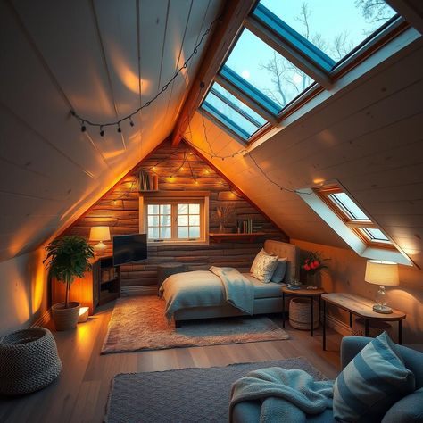 Design a cozy retreat in your attic with skylights that flood the space with natural light 🌞 #cozyretreat #atticvibes House With Attic Design Exterior, Cozy Attic, Attic Loft, Attic Design, Attic Renovation, Tudor House, Attic Rooms, The Space, Natural Light