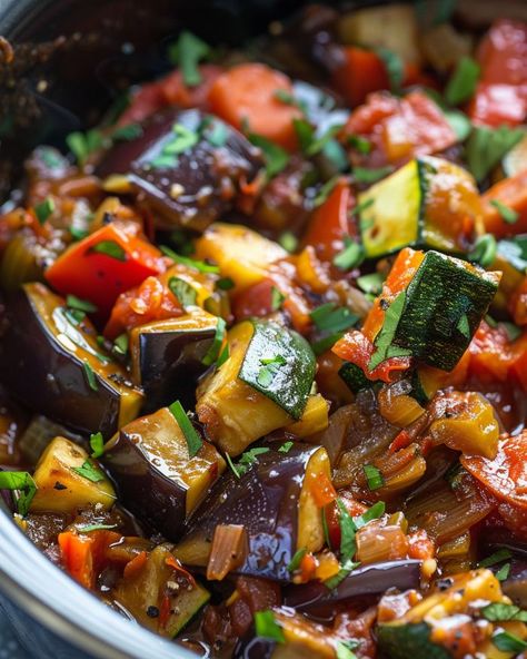 My grandkids love the movie, so needless to say they also love this dish! Egg Plant Salad Recipes, Summer Crockpot Recipes Vegetarian, Vegetarian Italian Dishes, Zucchini And Eggplant Recipes, Vegetables In Crockpot, Crock Top, Sicilian Eggplant, Slow Cooker Ratatouille, Zucchini Keto