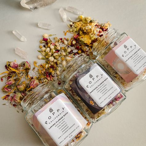 Flower bath salt gift pack in glass hex jars for self care, celestial, moon, and wellness rituals. Made with organic herbs flower, sea salt and essential oils. Flower Petal Bath, Meditation Rituals, Wellness Rituals, Bath Salt Jars, Salt Jar, Bath Salts Gift, Skincare Lifestyle, Lavender Rosemary, Dead Sea Salt