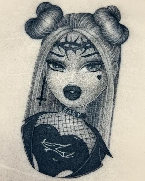 ⛧ 𝕷𝖆𝖚𝖗𝖎𝖊 𝕵𝖔𝖊 ⛧ on Instagram: "BRAT All done with @dynamiccolor and @killerinktattoo 3RL. #brat #bratz #bratztattoo #bratzart #dolltattoo #tattoo #blackwork #blacktattoo #blackink #dotwork #BRATZ #neotrad #neotraditional #darkart #gothgirl #gothtattoo #goth #stipple #dynamicblack #uktattoo #uktattooer #london" Bratz Dolls Paintings, Brats Tattoo, Bratz Tattoo, Georgia Tattoo, Traditional Tattoo Woman, Chicanas Tattoo, Neo Tattoo, Flash Ideas, Tattoo Apprenticeship