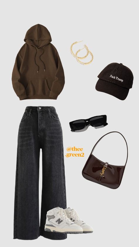 #outfitinspo #outfitideas #hoodie #baggyjeans Outfits With Brown Hoodie, Brown Hoodie Outfit Woman, How To Style Black Sweatpants, Brown Hoodie Outfit, Brown Leggings Outfit, Hoodie And Leggings Outfit, Hoddies Outfits, Black Baggy Jeans, Blank Hoodies