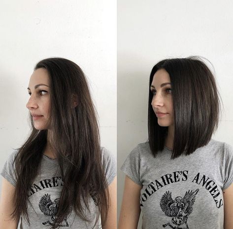 Hair Long To Short Before And After, Long Bob Haircuts Dark Hair, Long To Bob Hair Before And After, Hair Cuts Before And After Long, Before And After Lob Haircut, Subtle Inverted Bob, Hairstyles Before And After, Before And After Bob Hairstyles, Before And After Long Hair To Short