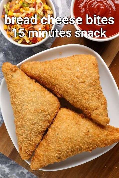 bread cheese bites recipe | cheese bread triangles | cheese bread bites with step by step photo and video recipe. bread-based snacks recipes are always a popular tea time snack appreciated by all age groups. generally, these are mixed or powdered to mix with other ingredients or flours, but can also be used to deep fry and make a crisp snack out of it. one such easy and simple bread-based snack recipe is the bread cheese bites recipe known for its crisp and crunchy texture. Cheese Bites Recipe, Bread Bites, Spicy Snacks Recipes, Snacks Appetizers, Bread Cheese, Breakfast Recipes Indian, Tastemade Recipes, Vegetarian Fast Food, Chaat Recipe