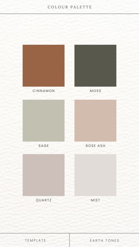 A color palette featuring soft earth tones: brown, moss green, sage green, muted rose, blush, and grey. These harmonious and natural hues create a soothing and elegant combination, perfect for branding, design projects, or weddings. Fun Muted Color Palette, Colour Palette Brown, Earthy Tones Wedding, Colour Palette Autumn, Wood Color Combination, Calm Autumn, Tv Niche, Earth Tones Palette, Fashion Degree