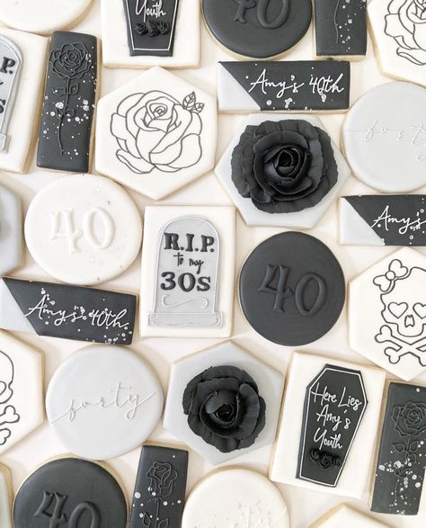 40th Birthday Biscuits, Rip 30s Cookies, Rip 20s Birthday Cookies, Black And White Birthday Cookies, Rip 20s Cookies, Emo Cookies, Gothic Drinks, 30th Birthday Cookies, Emo Birthday