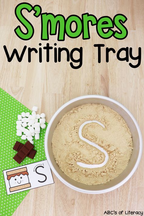 This s'mores writing tray is a fun way for kids to practice letter formation. Use these free printable cards during your camping theme week! Preschoolers and kindergartners will love to practice writing letters this way! Camping Fine Motor For Toddlers, Camping Week Preschool Activities, Camping Math Activities Preschool, Camping Preschool Theme, Camping Activities For Preschool, Letter Formation Cards, Preschool Camping Activities, Summer Literacy Activities, Marshmallow Activities