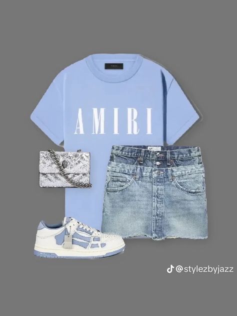 Orlando Outfits Black Women, Cute Designer Outfits, Jean Skirt Birthday Outfits, Denim Birthday Outfit Black Women, Demin Birthday Outfits, Blue Fits Black Women, 14th Birthday Outfit Ideas, Designer Birthday Outfits, Amiri Shoes Outfit Black Women