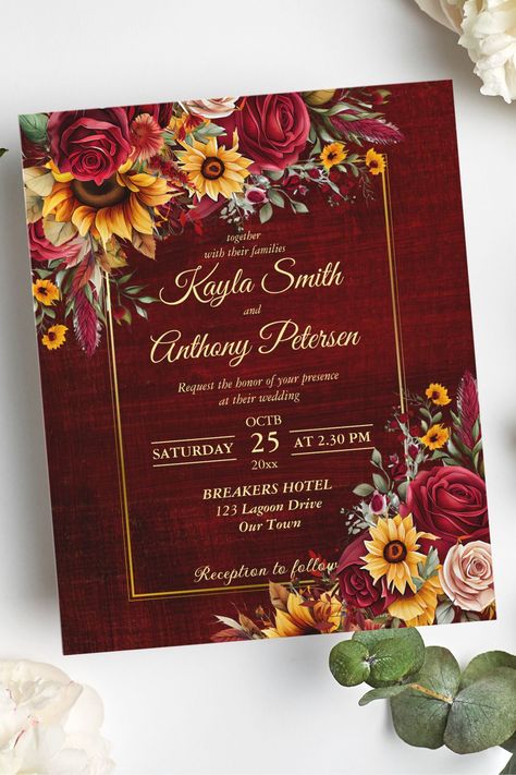 Fall wedding burgundy roses sunflowers budget invitation template Fall Wedding Sunflowers And Roses, Sunflower And Roses Wedding Invitations, Wine Red And Sunflower Wedding, Fall Wedding Sunflowers Burgundy, Burgandy Sunflowers Wedding, Red Yellow Black Wedding Theme, Fall Wedding Invitation Ideas, Maroon And Yellow Wedding, Rose And Sunflower Wedding Theme