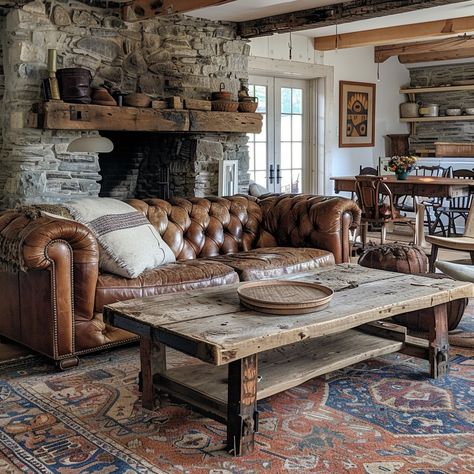 #Cozy #rustic interior: #Vintage #leather sofa and #rustic wooden table enhance the warm, #cozy feel of this charming stone-walled room. #interior #rustic #cozy #vintage #leather #aiart #aiphoto #stockcake ⬇️ Download and 📝 Prompt 👉 https://stockcake.com/i/cozy-rustic-interior_877684_790037 Old Western House Interior, Western Style Living Room, Rustic Home Decor Living Room, Dakota House, Rustic Cabin Living Room, Rustic Lounge, Living Room Inspiration Cozy, Registry Inspiration, Chesterfield Sofa Living Room