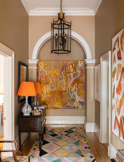 Eclectic Entry, Art Deco Facade, Anna Spiro, Melbourne Home, Antique Side Table, Mulberry Home, English Country Style, Hallway Design, Pink Living Room