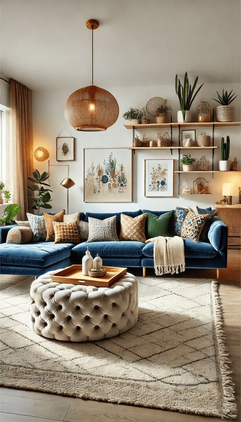 15 Blue Boho Living Rooms Grey Sofa Colorful Living Room, Navy Velvet Sofa Living Rooms Boho, Deep Teal Couch, Peacock Blue Couch Living Room, Dark Blue Couch Aesthetic, Living Room Inspo Blue Couch, Bold Couch Living Room, Throw Pillows For Blue Couch, Teal Couch Living Room Ideas