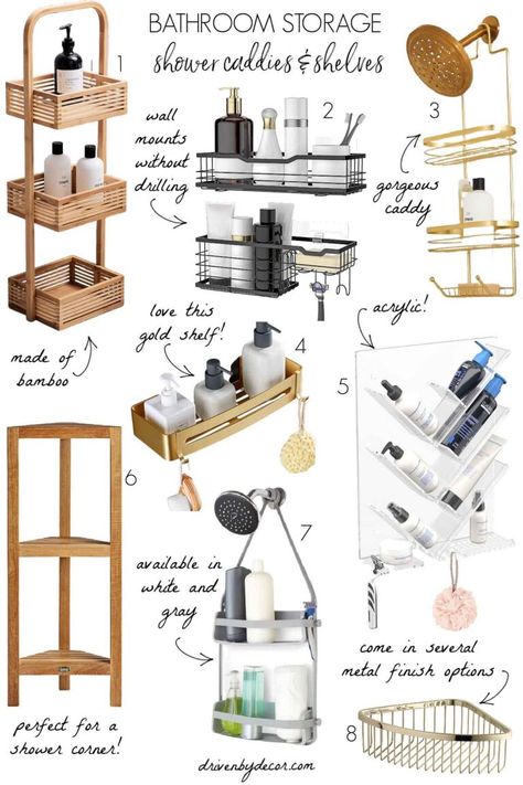 15 Small Bathroom Storage Ideas To Help Kick the Clutter! - Driven by Decor Showe Storage, Ideas For Shower Storage, Shower Storage Ideas Shelving, Shower Accessories Ideas, Small Shower Storage, Bathroom Shower Storage Ideas, In Shower Storage, Bathtub Storage Ideas, Pedestal Sink Storage Ideas