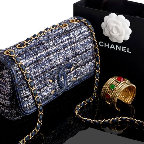 CHANEL - a Medium Quilted Tweed Filigree Flap handbag. Designed with a quilted blue tweed exterior and blue snakeskin trim, featuring a gold-tone chain and leather shoulder strap, rear patch pocket, top flap closure with maker's stitched CC front logo with gold-tone accents, magnetic snap button fastening, opening to a blue leather lined interior. Measuring 6 by 16 by 26cms. With maker's dust bag and authenticity card. Chanel Tweed Bag, Designer Tweed Rectangular Bag, Luxury Tweed Crossbody Bag, Chanel Denim Flap Bag, Chanel Tweed Flap Bag, Dark Blue Chanel Bag, Tweed Bag, Chanel Style, Blue Tweed