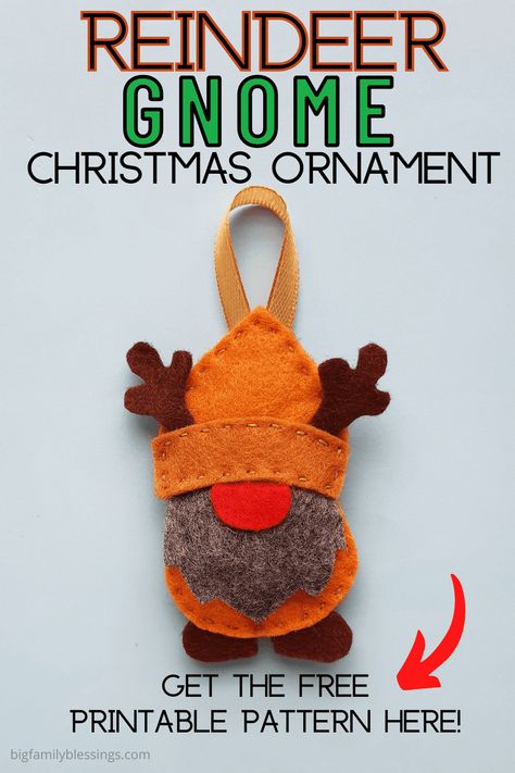 Gnome Gift Wrapping Ideas, Felt Gift Tags Christmas, Gnome Felt Ornament, Felt Gnome Ornament Free Pattern, Free Gnome Patterns, Gnome Christmas Ornaments, Reindeer Gnome, Diy Reindeer, Gnome Christmas Tree