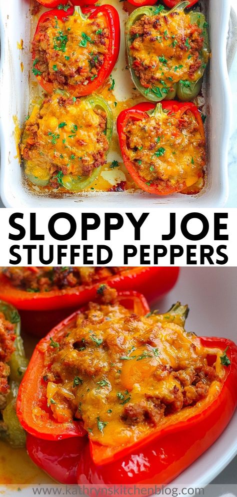 Sloppy Joe Peppers, Sloppy Joe Stuffed Bell Peppers, Stuffed Sloppy Joes, Elevated Sloppy Joe Recipe, Stuffed Peppers Ideas, Peppers Ground Beef Recipe, Sloppy Joe Without Bun, Pizza Stuffed Bell Peppers, Bell Pepper Recipes Stuffed Healthy