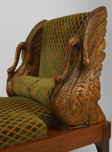 Swan Furniture, Moon Hanging, Unusual Furniture, Velvet Drapes, Mahogany Wood, Swans, Bay Window, Unique Furniture, Moss Green