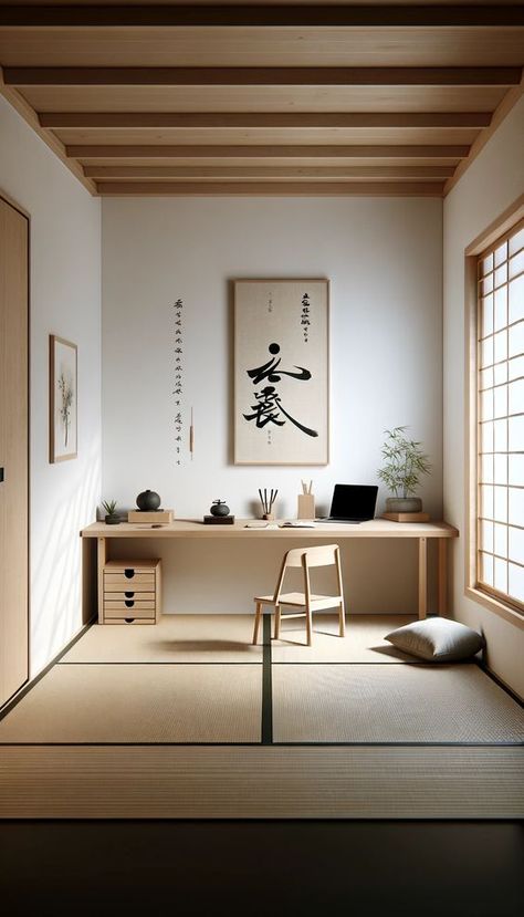 21 Inspiring Office Decor Ideas to Elevate Your Workspace 🌟🏢 Zen Study Room, Japanese Home Office, Potted Bamboo, Colorful Office Decor, Luxury Goals, Inspiring Office, Japanese Office, Colorful Office, Simple Chair