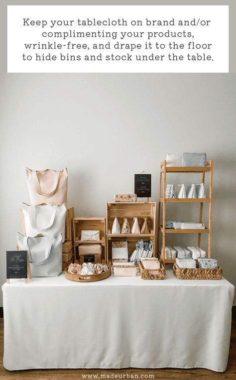 8 Ways to Make a Craft Show Display Look More Professional - Made Urban Diy Table Risers Display Ideas, Soap Vendor Booth Display Ideas, 10x10 Booth Layout, Vendor Checkout Station, Craft Fair Banner, Booth Decorating Ideas Vendor, Booth Setup Ideas Vendor Events, Art Vendor Booth Ideas, Vendor Booth Decor