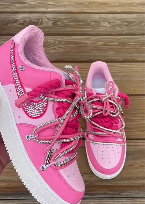 Pink And Silver Sneaker Ball, Sneaker Ball Outfit Ideas Pink, Barbie Custom Shoes, Costume Shoes Ideas, Bedazzled Jordans, Barbie Jordans, Pink Custom Shoes, Baddie Shoes Sneakers, Nike Rosa