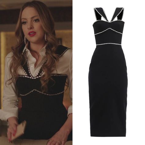 Celine Shirt, Dynasty Closet, Dynasty Outfits, Fallon Carrington, Dynasty Clothing, Jimmy Choo Pumps, Crepe Midi Dress, Elizabeth Gillies, Tv Show Outfits