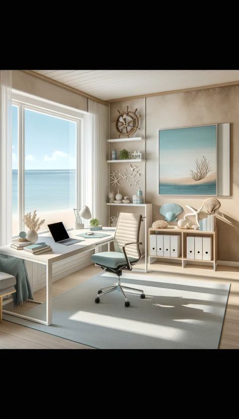 Cozy Office Decor, Beach Theme Office, Large Wooden Desk, Coastal Home Office, Guest Room Office Ideas, Modern Industrial Office, Writing Nook, Industrial Style Office, Inspiring Office