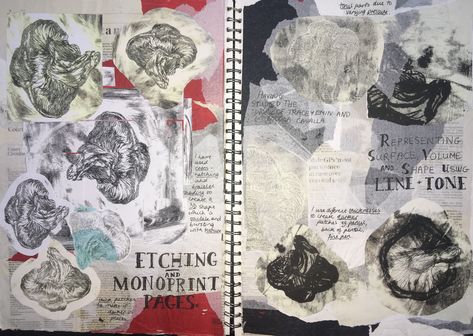 Gcse Art Sketchbook Monoprinting, Monoprint Sketchbook Page, Monoprinting Gcse Page, Gcse Art Monoprinting, Monoprinting Sketchbook Page, A Level Art Themes, Gcse Sketchbook, Alevel Art, Art Presentation