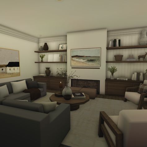 Bloxburg Living Room Inspiration, Bloxburg Living Room Ideas Minimalist, Cosy Bloxburg House, Bloxburg Farmhouse Living Room Ideas, Bloxburg House Ideas Modern 1 Floor, Cozy Living Rooms Bloxburg, Bloxburg Modern House Inside, 5x5 Bloxburg Living Room, Neutral Bloxburg House