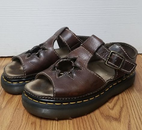 Vintage Sandals Aesthetic, Vintage Doc Sandals, Cool Dr Martens, Brown Doc Marten Sandals, Vintage Dr Marten Sandals, Doc Sandles, Cool Doc Martens, Cottagecore Sandals, Whimsigoth Shoes