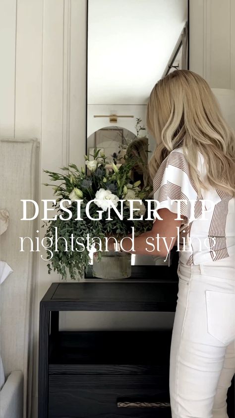 Nightstand With Mirror Above, How To Style A Nightstand Modern, Curated Bedroom Furniture, Arched Mirror Nightstand, Mirror Behind Nightstand Master Bedrooms, Mirrors On Nightstand Ideas, Tall Mirrors Over Nightstands, Mirrors Above Nightstand Bedroom Ideas, Mirrors Above Nightstands