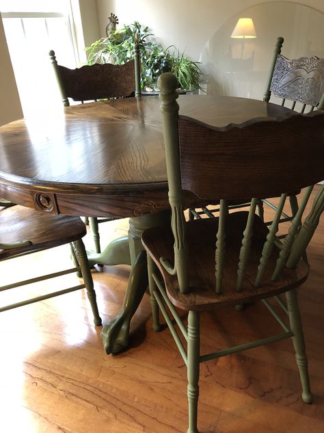 Painted Green Dining Chairs, Wood Table Green Chairs, Green Kitchen Table And Chairs, Pressback Chairs, Chalk Paint Dining Table, Kitchen Table Oak, Painted Furniture Designs, Dining Table Makeover, Kitchen Table Makeover