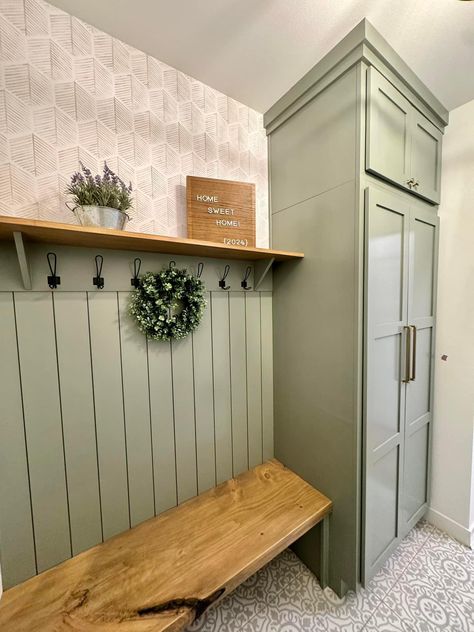 Paint color - SW Evergreen Fog Mudroom Paint Color, Mud Room Garage, Small Mudroom Ideas, Mudroom Remodel, Spec House, Farmhouse Mudroom, Soft Autumn Color Palette, Autumn Color Palette, Mud Room Entry