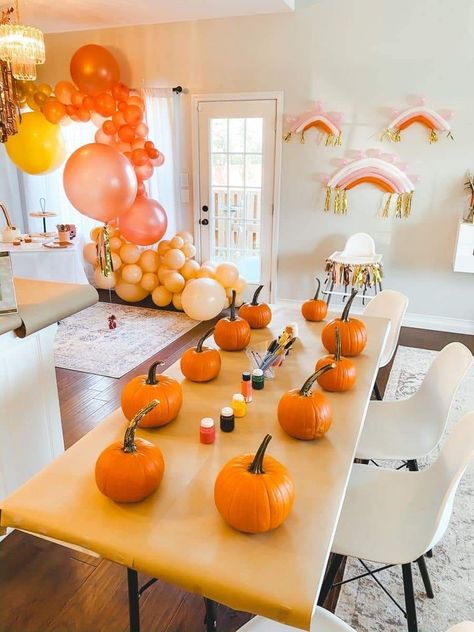 Pumpkin Paint Birthday Party, Pumpkin Painting Party Supplies, Fall Rainbow Birthday Party, Paint Your Own Pumpkin Party, Pumpkin Painting Kids Party, Pumpkin Turns One Party, Pumpkin Painting Birthday Party, Fall Toddler Birthday Party, Kids Pumpkin Painting Party