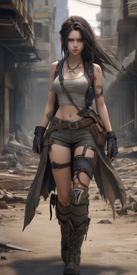 This image depicts a female wanderer navigating an overgrown city in a post-apocalyptic world. Explore the fantasy of surviving in a desolate landscape with this visually stunning pin. 🌆🌳🗡️💀 #postapocalypse #fantasy #apocalyptic #wanderer #female #survival Dystopia Aesthetic Clothes, Toxic Wasteland Outfits, Apocalyptic Survivor Drees To Impress, Dnd Post Apocalyptic, Female Survivor Character, Apocalyptic Survivor Dress To Impress, Apocalypse Costume Women, Y2k Zombie Apocalypse Outfits, Post Apocalyptic Wasteland