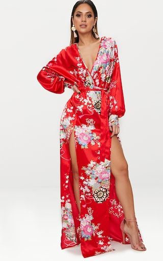 Red Printed Satin Long Sleeve Kimono Maxi Dress Red Satin Fabric, Kimono Maxi Dress, Long Sleeve Kimono, Satin Pajama, Satin Long Sleeve, Printed Bodycon Dress, Kimono Dress, Petite Dresses, Night Outfits