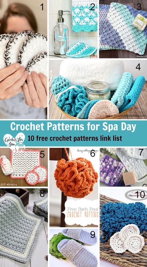 Self Care Crochet Patterns, Crochet Bath Set Free Pattern, Crochet Bath Accessories, Crochet Self Care, Crochet Bathroom Accessories, Crochet Beauty Products, Bathroom Crochet Ideas, Crochet Spa Basket Pattern Free, Crochet Bath Mitt